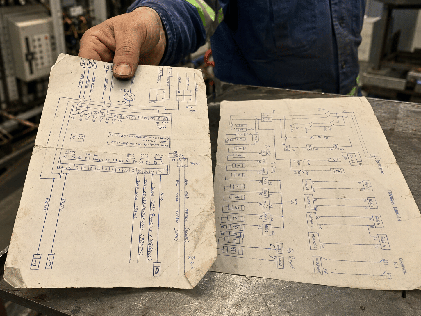 Profissional segurando diagramas elétricos desenhados à mão antes de usar um projeto estruturado